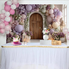 Lofaris Pastellfarbener Ballon-Blumen-Hintergrund mit Holztür und Efeu, romantische Kulisse für Babyparty oder Fotoshooting