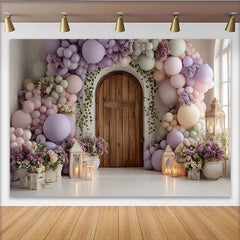Lofaris Pastellfarbener Ballon-Blumen-Hintergrund mit Holztür und Efeu, romantische Kulisse für Babyparty oder Fotoshooting