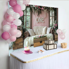 Lofaris Rosa Blumen 1. Geburtstag Hintergrund mit Holzfenster und Makramee ONE, rustikale Fotowand für Babyfotoshooting und Partydekoration