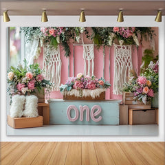 Lofaris Rosa Blumen Erster Geburtstag Hintergrund für Baby Mädchen mit Makramee, zarte Fotowand für Fotoshooting und Partydekoration