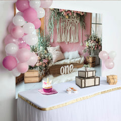 Lofaris Rosa Blumen 1. Geburtstag Hintergrund für Mädchen mit Makramee, rustikale Fotowand für Baby Fotoshooting und Partydekoration