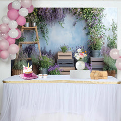 Lofaris Rustikaler Frühlingslandschaft Hintergrund mit Lavendel und Holzleiter, blaue Wand für Fotostudio Porträt und Dekoration