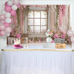Lofaris Blumen 1. Rosa Geburtstag Hintergrund mit Holzfenster und Makramee ONE, rustikale Fotowand für Babyfotoshooting
