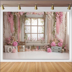 Lofaris Blumen 1. Rosa Geburtstag Hintergrund mit Holzfenster und Makramee ONE, rustikale Fotowand für Babyfotoshooting