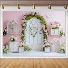 Lofaris Romantischer rosa Blumenbogen Fotohintergrund mit Rosen und Moos, elegante Kulisse für Frühlingsfotoshootings oder Dekoration