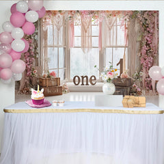Lofaris Rosa Blumen Makramee Erster Geburtstag Hintergrund für Mädchen, rustikale Boho Fotowand für Babyfotografie