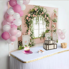 Lofaris Zartrosa Blumenfenster Fotohintergrund mit Rosen und Grün für Porträts, romantische Kulisse für Frühlingsfotoshootings und Events