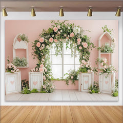 Lofaris Zartrosa Blumenfenster Fotohintergrund mit Rosen und Grün für Porträts, romantische Kulisse für Frühlingsfotoshootings und Events