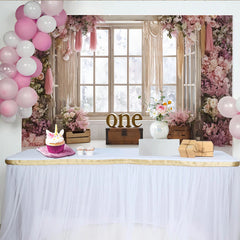 Lofaris Rosa Blumen 1. Geburtstag Hintergrund für Mädchen mit Makramee und Holzfenster, rustikale Fotowand für Baby-Fotoshootings und Feiern