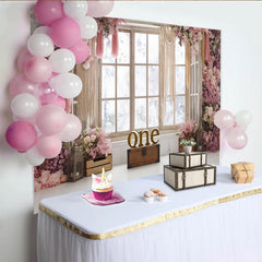 Lofaris Rosa Blumen 1. Geburtstag Hintergrund für Mädchen mit Makramee und Holzfenster, rustikale Fotowand für Baby-Fotoshootings und Feiern