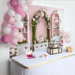 Lofaris Romantischer Rosa Blumen Fotohintergrund mit Rosen und Moosbogen, elegante Frühlingskulisse für Fotostudio und Event