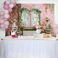 Lofaris Rosa Blumenfenster Fotohintergrund mit Herzen und Efeu, romantische Kulisse für Frühlingsfotoshootings