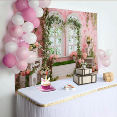 Lofaris Rosa Blumenfenster Fotohintergrund mit Herzen und Efeu, romantische Kulisse für Frühlingsfotoshootings