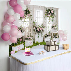 Lofaris Romantischer Blumen Fotohintergrund mit rosa Rosen und grünen Ranken, elegante weiße Holz Fotowand für Porträts und Hochzeitsdekoration