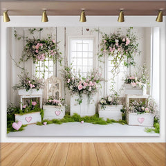 Lofaris Romantischer Blumen Fotohintergrund mit rosa Rosen und grünen Ranken, elegante weiße Holz Fotowand für Porträts und Hochzeitsdekoration