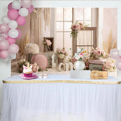 Lofaris Rosa Blumen Erster Geburtstag Hintergrund für Mädchen, Boho-Stil, rustikale Fotowand für Baby-Mädchen Fotoshooting und Partydekoration
