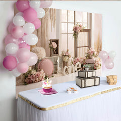 Lofaris Rosa Blumen Erster Geburtstag Hintergrund für Mädchen, Boho-Stil, rustikale Fotowand für Baby-Mädchen Fotoshooting und Partydekoration