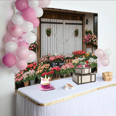 Lofaris Frühlingsblumen Hintergrund mit Holztür und bunten Rosen Tulpen, natürliche Fotowand für Fotoshooting und Garten Dekoration