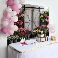 Lofaris Blumenladen-Fotohintergrund mit rustikalem Scheunentor, wunderschöne Kulisse für Frühlings- und Sommerfotoshootings