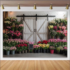 Lofaris Blumenladen-Fotohintergrund mit rustikalem Scheunentor, wunderschöne Kulisse für Frühlings- und Sommerfotoshootings