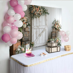 Lofaris Eleganter rustikaler Scheunentor Blumen Hintergrund für Hochzeitsfotografie, Vintage Holzwand Kulisse mit Laternen für Events