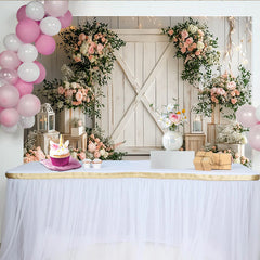 Lofaris Weißer rustikaler Blumen-Fotohintergrund mit rosa Rosen, elegante Scheunentor-Kulisse für Hochzeiten und Porträts