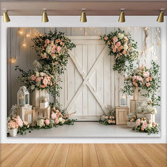 Lofaris Weißer rustikaler Blumen-Fotohintergrund mit rosa Rosen, elegante Scheunentor-Kulisse für Hochzeiten und Porträts
