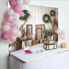 Lofaris Boho Holzwand Fotohintergrund mit Pampasgras und Eukalyptus, natürliche Kulisse für Porträts und Babypartys
