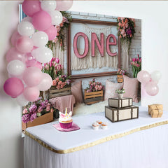 Lofaris Rosa Blumen 1. Geburtstag Hintergrund für Mädchen, rustikale Fotokulisse mit Makramee und Holzdetails für Feiern