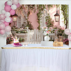 Lofaris Rosa Frühlingsgarten Hintergrund mit weißen Blumen und Zaun, romantische Kulisse für Fotoshooting und Partydekoration