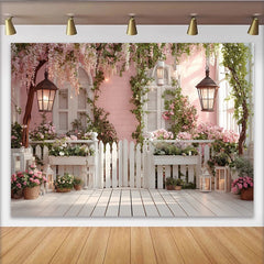 Lofaris Rosa Frühlingsgarten Hintergrund mit weißen Blumen und Zaun, romantische Kulisse für Fotoshooting und Partydekoration