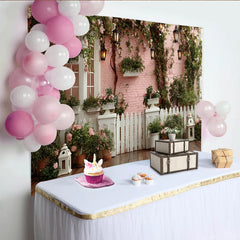 Lofaris Romantischer Gartenfotohintergrund mit rosa Ziegelwand und weißen Rosen, eleganter Fotohintergrund für professionelle Porträts