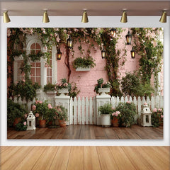 Lofaris Romantischer Gartenfotohintergrund mit rosa Ziegelwand und weißen Rosen, eleganter Fotohintergrund für professionelle Porträts