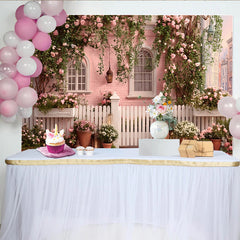 Lofaris Romantischer Rosen-Fotohintergrund mit rosa Blumen und weißem Zaun, eleganter Wandteppich für professionelles Fotostudio