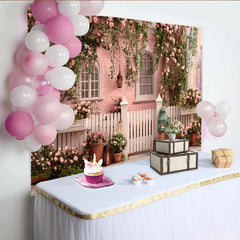 Lofaris Romantischer Rosen-Fotohintergrund mit rosa Blumen und weißem Zaun, eleganter Wandteppich für professionelles Fotostudio
