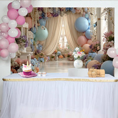 Lofaris Zarter Pastell Blumen Ballon Hintergrund mit eleganten Vorhängen, wunderschöne Fotokulisse für Babyparty und Fotoshooting