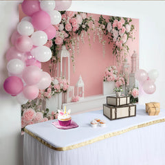 Lofaris Eleganter rosa Blumen Fotohintergrund mit weißen Laternen, romantische Kulisse für Hochzeiten und Fotostudio