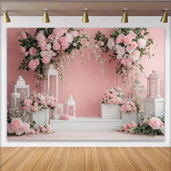 Lofaris Eleganter rosa Blumen Fotohintergrund mit weißen Laternen, romantische Kulisse für Hochzeiten und Fotostudio