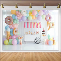 Lofaris Pastell-Süßigkeiten-Geburtstagshintergrund mit Luftballons und Donuts, bunte Eiscreme Party Kulisse für Kinder Fotostudio