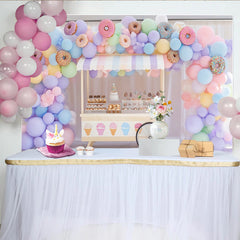 Lofaris Pastell Donut Geburtstagshintergrund mit bunten Luftballons und Süßigkeitenwagen, festliche Fotowand für Kinderparty und Fotoshooting