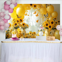 Lofaris Gelber Sonnenblumenhintergrund mit Luftballons und Schmetterlingen, fröhliche Fotokulisse für Frühlings- und Sommerfotoshootings