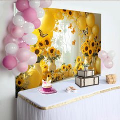 Lofaris Gelber Sonnenblumenhintergrund mit Luftballons und Schmetterlingen, fröhliche Fotokulisse für Frühlings- und Sommerfotoshootings