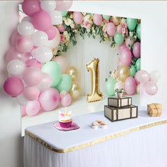 Lofaris Rosa Mintgold 1. Geburtstagshintergrund mit Ballons und Blumen, elegante Fotokulisse für Babyparty und Fotoshooting