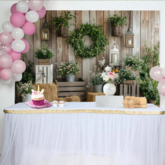 Lofaris Rustikaler Fotohintergrund mit Holzbrettern, grünem Kranz und weißen Blumen, natürliche Kulisse für Fotoshootings und Dekoration