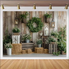 Lofaris Rustikaler Fotohintergrund mit Holzbrettern, grünem Kranz und weißen Blumen, natürliche Kulisse für Fotoshootings und Dekoration