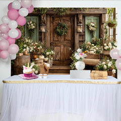 Lofaris Rustikaler Landhaus-Fotohintergrund mit üppigen Blumen und Holztür, elegante Kulisse für Porträt- und Studiofotografie