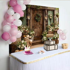 Lofaris Rustikaler Landhaus-Fotohintergrund mit üppigen Blumen und Holztür, elegante Kulisse für Porträt- und Studiofotografie
