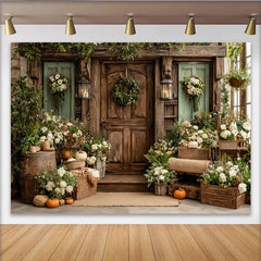 Lofaris Rustikaler Landhaus-Fotohintergrund mit üppigen Blumen und Holztür, elegante Kulisse für Porträt- und Studiofotografie