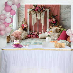 Lofaris Rosa Koralle Boho Blumen Fotohintergrund mit Makramee und Fensterrahmen, elegante Kulisse für romantische Porträts und Fotoshootings