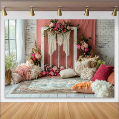 Lofaris Rosa Koralle Boho Blumen Fotohintergrund mit Makramee und Fensterrahmen, elegante Kulisse für romantische Porträts und Fotoshootings